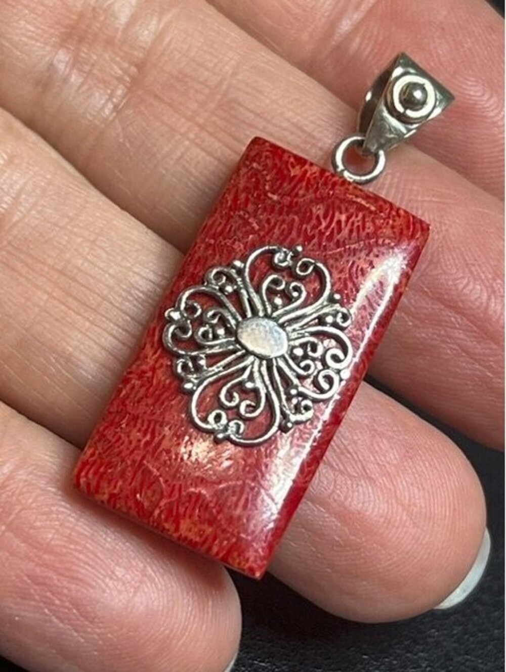 B7457 Sterling Silver Red Coral Filigree Rectangular Pendant Artisan 42mm